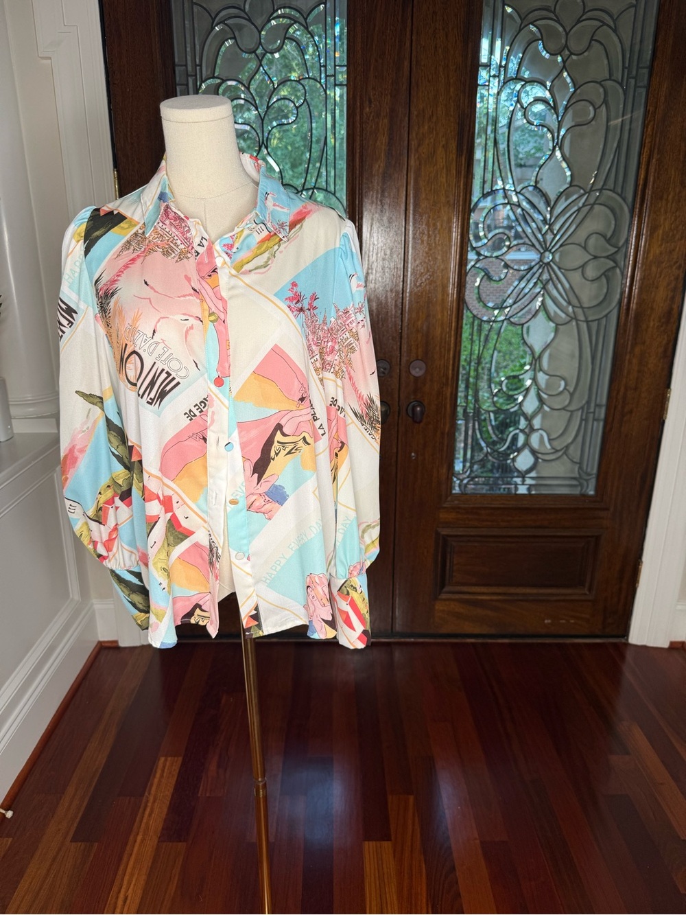 Colorful Pastel Scenic Print Button Front Blouse Pastel Pink Blue Size M